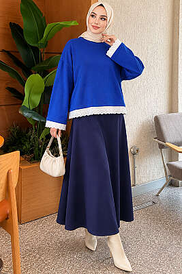Dantel Detaylı Basic Tunik Saks - Tunik