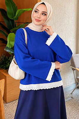 Dantel Detaylı Basic Tunik Saks - Tunik