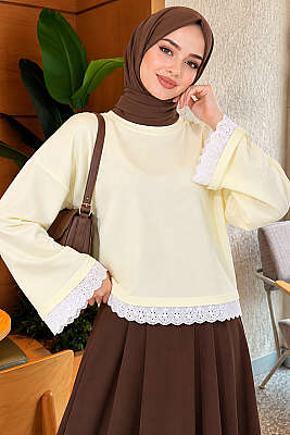 Dantel Detaylı Basic Tunik Sarı - Tunik