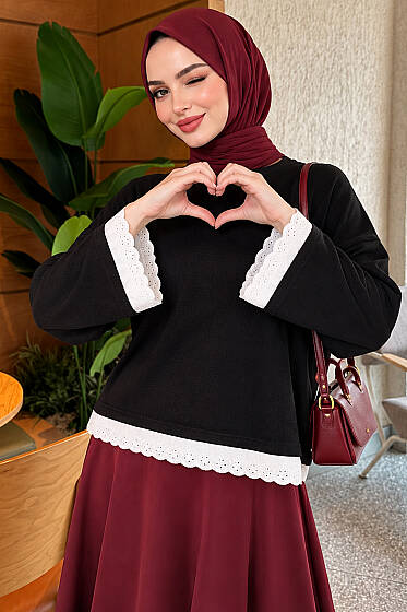 Dantel Detaylı Basic Tunik Siyah - Tunik
