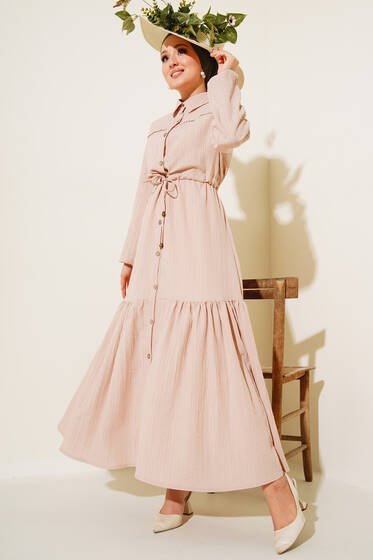 Dantel Detaylı Boydan Düğmeli Elbise Bej - Tesettür Elbise