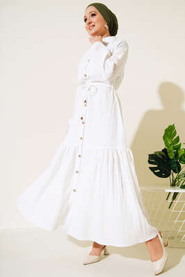 Dantel Detaylı Boydan Düğmeli Elbise Beyaz - Thumbnail