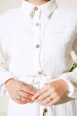 Dantel Detaylı Boydan Düğmeli Elbise Beyaz - Thumbnail