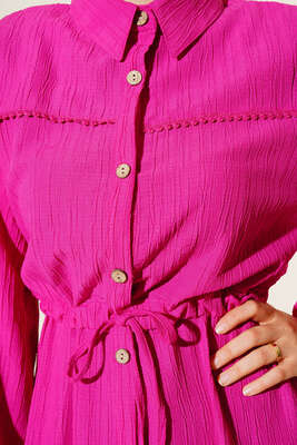 Dantel Detaylı Boydan Düğmeli Elbise Fuşya - Thumbnail