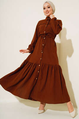 Dantel Detaylı Boydan Düğmeli Elbise Kahve - Thumbnail