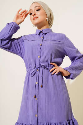 Dantel Detaylı Boydan Düğmeli Elbise Lila - Thumbnail