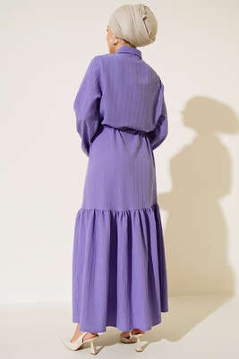Dantel Detaylı Boydan Düğmeli Elbise Lila - Thumbnail