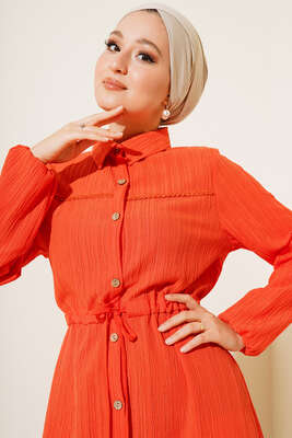 Dantel Detaylı Boydan Düğmeli Elbise Oranj - Thumbnail