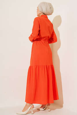 Dantel Detaylı Boydan Düğmeli Elbise Oranj - Thumbnail