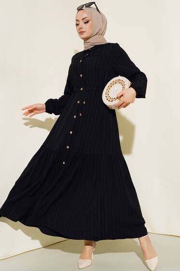 Dantel Detaylı Boydan Düğmeli Elbise Siyah - Tesettür Elbise