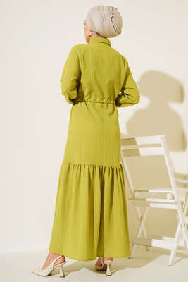 Dantel Detaylı Boydan Düğmeli Elbise Yağ Yeşil - Thumbnail