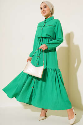 Dantel Detaylı Boydan Düğmeli Elbise Yeşil - Thumbnail