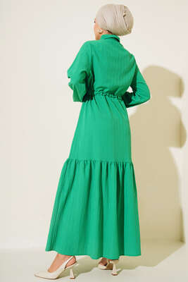 Dantel Detaylı Boydan Düğmeli Elbise Yeşil - Thumbnail