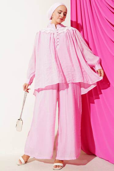 Dantel Detaylı Brit Düğmeli İkili Takım Pembe - İkili Takım