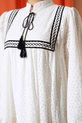 Dantel Detaylı Brode Elbise Ekru - Tesettür Elbise