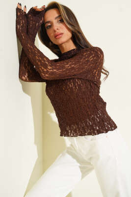 Dantel Detaylı Büzgülü Bluz Kahve - TİLLE