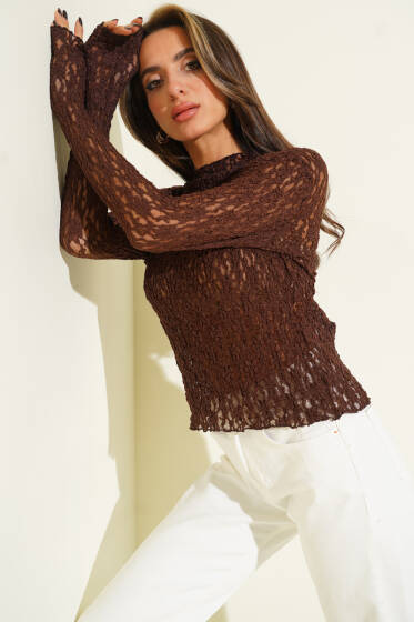 Dantel Detaylı Büzgülü Bluz Kahve - Kadın Giyim Modelleri