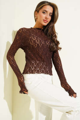 Dantel Detaylı Büzgülü Bluz Kahve - Kadın Giyim Modelleri