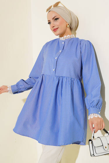 Dantel Detaylı Çizgili Tunik Lacivert - Tunik