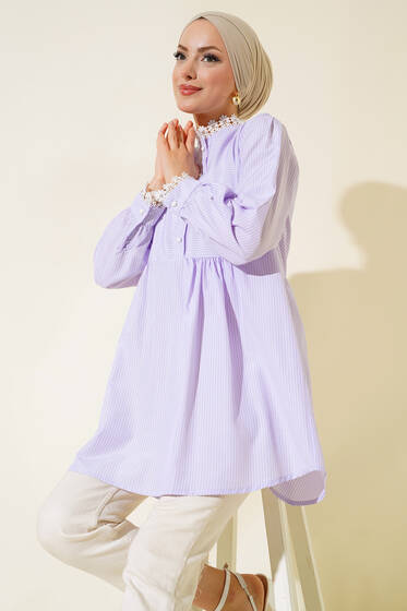 Dantel Detaylı Çizgili Tunik Lila - Tunik