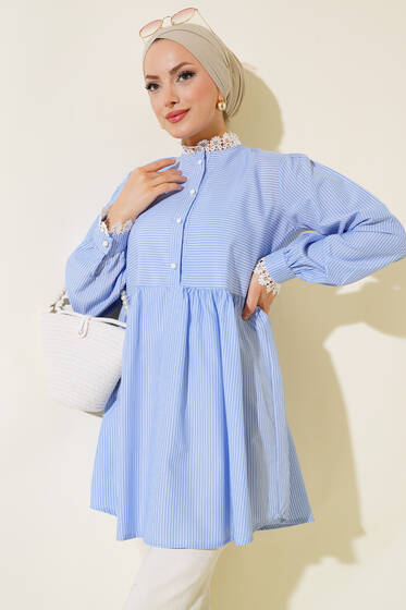 Dantel Detaylı Çizgili Tunik Mavi - Tunik