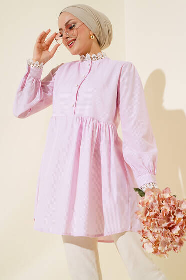 Dantel Detaylı Çizgili Tunik Pembe - Tunik