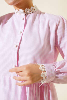 Dantel Detaylı Çizgili Tunik Pembe - Tunik