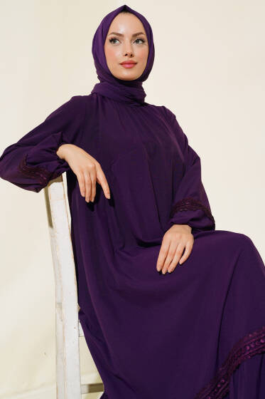 Dantel Detaylı Elbise Mor - Elbise