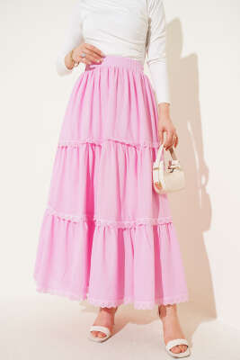 Dantel Detaylı Etek Pembe - Uzun Etek