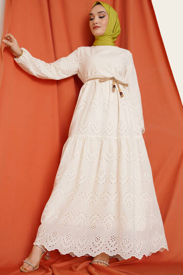 Dantel Detaylı Fisto Elbise Bej - Tesettür Elbise