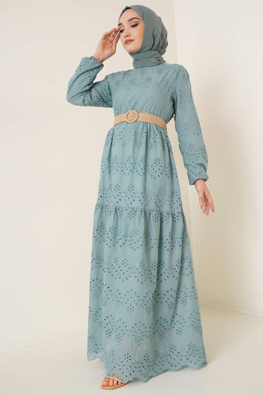 Dantel Detaylı Fisto Elbise Çağla Yeşili - Tesettür Elbise