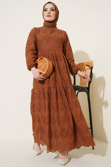 Dantel Detaylı Fisto Elbise Kahve - Tesettür Elbise