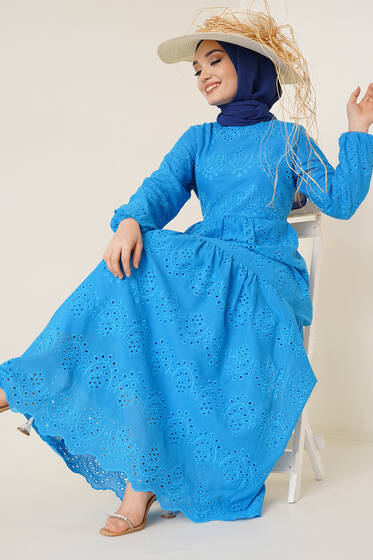 Dantel Detaylı Fisto Elbise Mavi - Tesettür Elbise