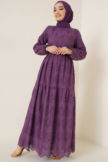 Dantel Detaylı Fisto Elbise Mor - Tesettür Elbise