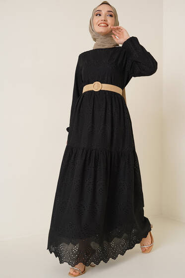 Dantel Detaylı Fisto Elbise Siyah - Tesettür Elbise