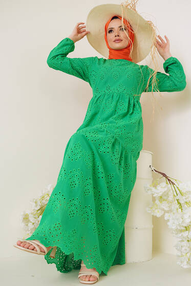Dantel Detaylı Fisto Elbise Yeşil - Tesettür Elbise