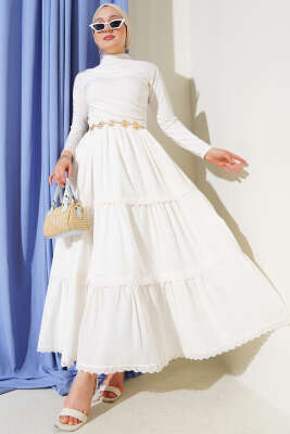 Dantel Detaylı Etek Beyaz - Uzun Etek