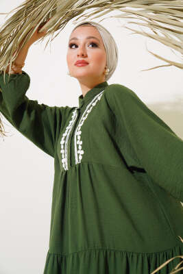 Dantel Detaylı Kat Kat Elbise Haki - NESSİA