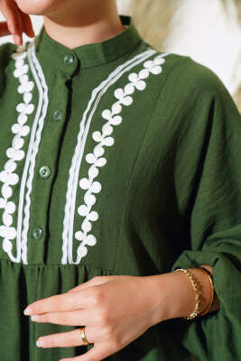 Dantel Detaylı Kat Kat Elbise Haki - Tesettür Elbise