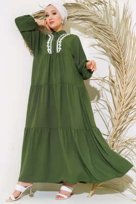 Dantel Detaylı Kat Kat Elbise Haki - Tesettür Elbise
