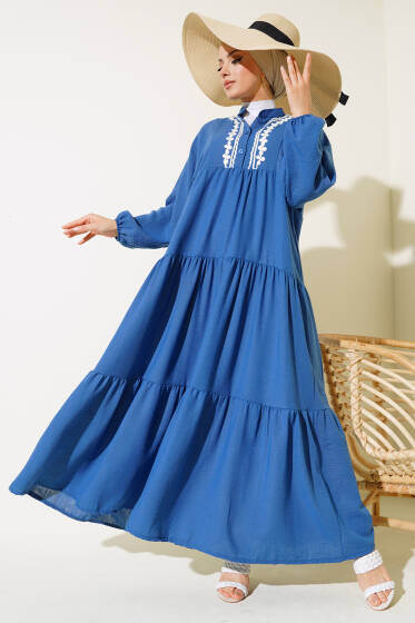 Dantel Detaylı Kat Kat Elbise İndigo - Elbise