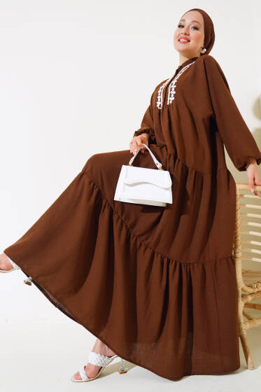 Dantel Detaylı Kat Kat Elbise Kahve - Elbise