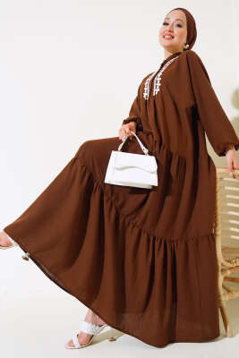 Dantel Detaylı Kat Kat Elbise Kahve - NESSİA