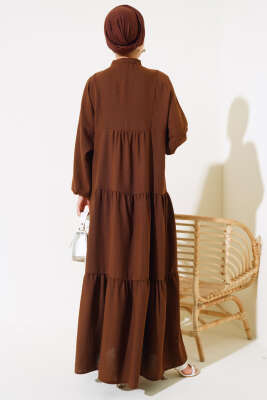 Dantel Detaylı Kat Kat Elbise Kahve - Tesettür Elbise