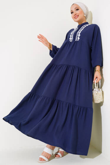 Dantel Detaylı Kat Kat Elbise Lacivert - Elbise