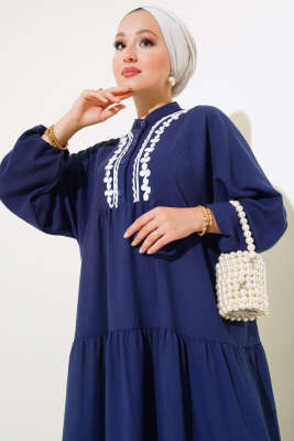 Dantel Detaylı Kat Kat Elbise Lacivert - Tesettür Elbise