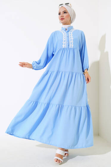 Dantel Detaylı Kat Kat Elbise Mavi - Elbise