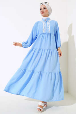 Dantel Detaylı Kat Kat Elbise Mavi 