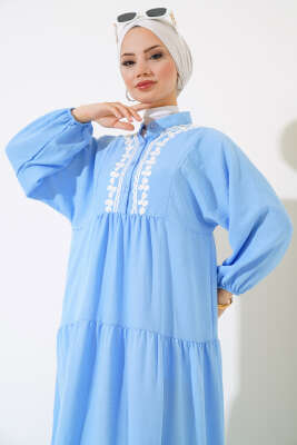 Dantel Detaylı Kat Kat Elbise Mavi - Tesettür Elbise