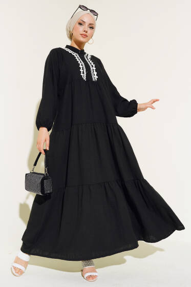 Dantel Detaylı Kat Kat Elbise Siyah - Elbise